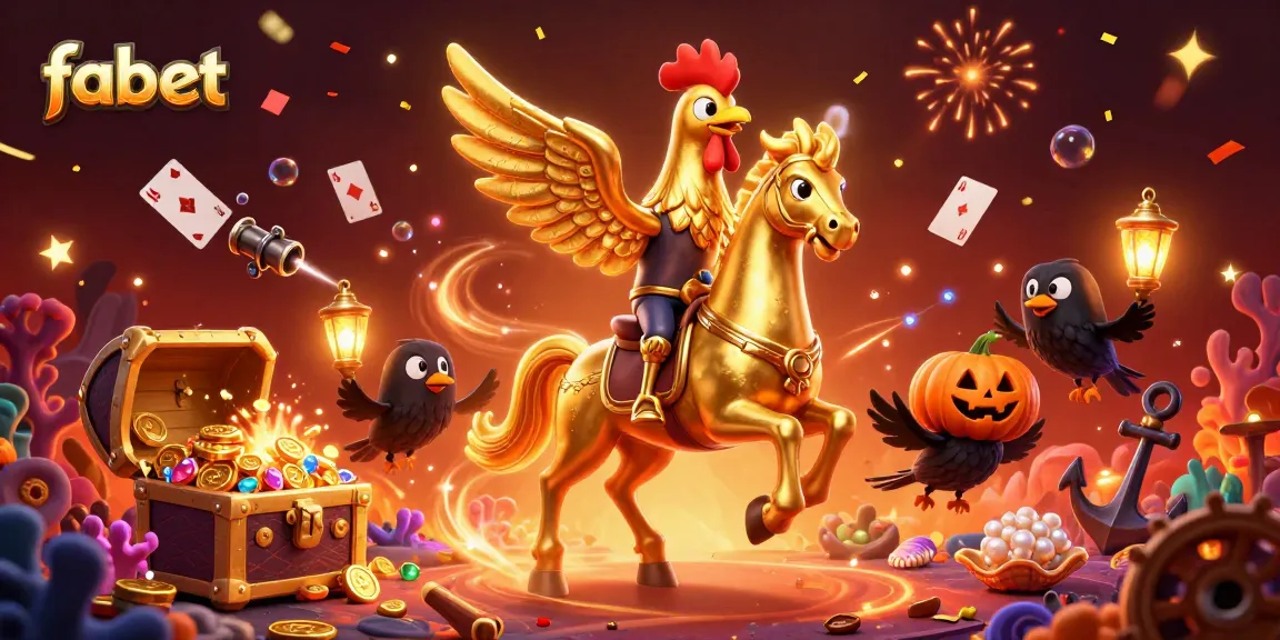 Experience fabet's vibrant gaming world with golden rooster and whimsical creatures in a casino.