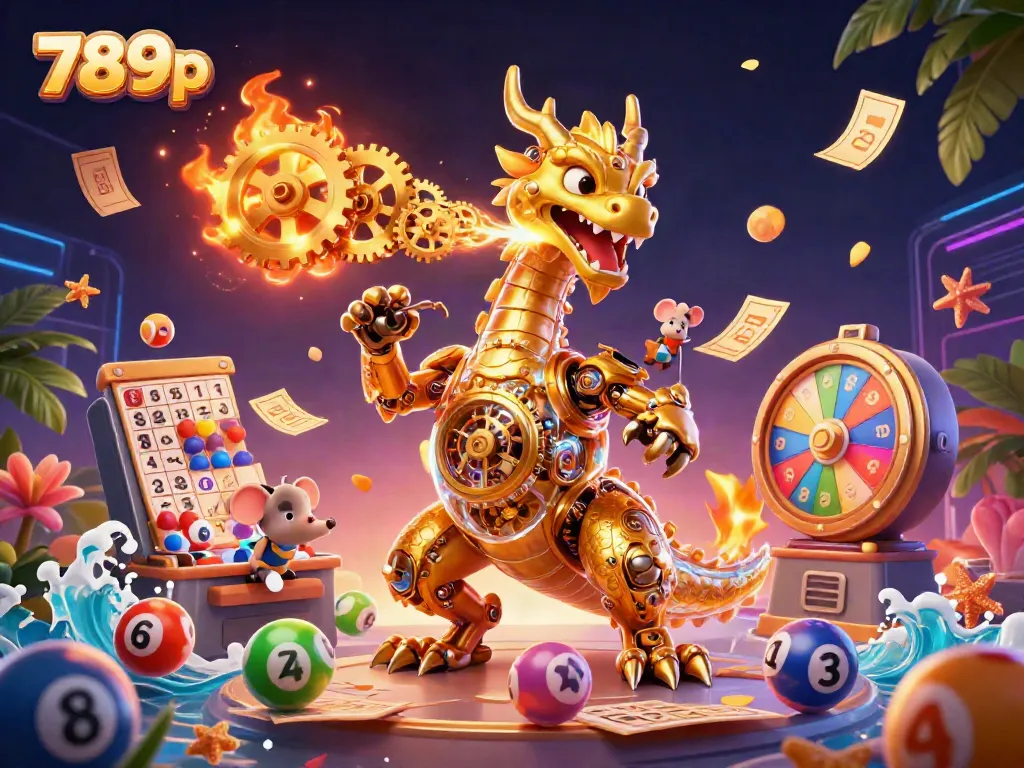 Engage with 789p's immersive games featuring a golden biomechanical dragon surrounded by dynamic lottery elements.