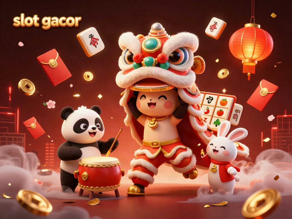 Engaging scene featuring slot gacor elements with lion dance, panda, and vibrant casino symbols.