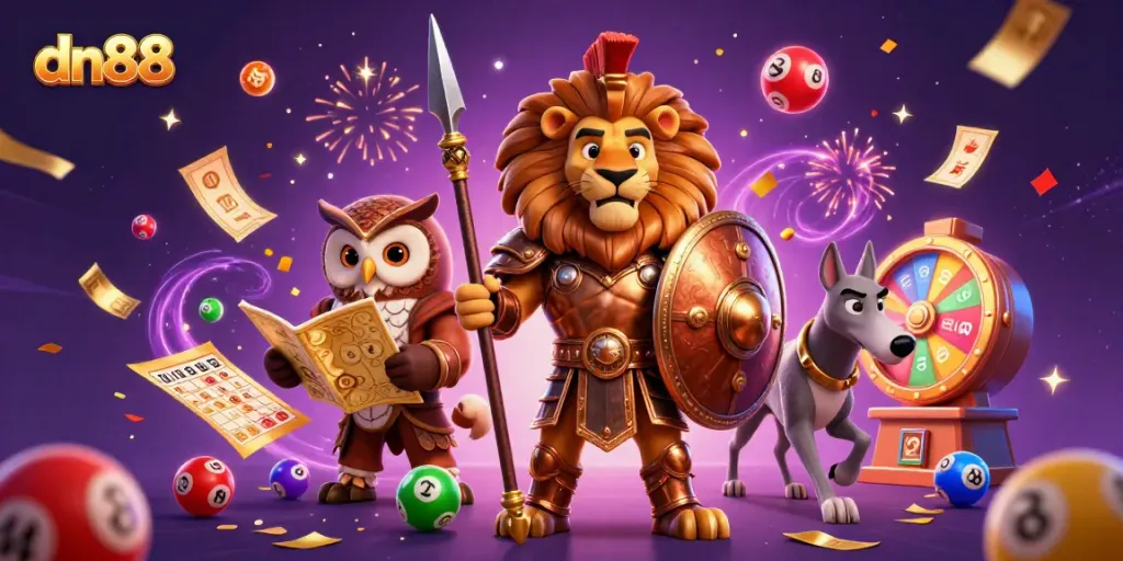 Experience thrilling gaming action with dn88 in a vibrant casino scene featuring a Spartan lion and an owl strategist.