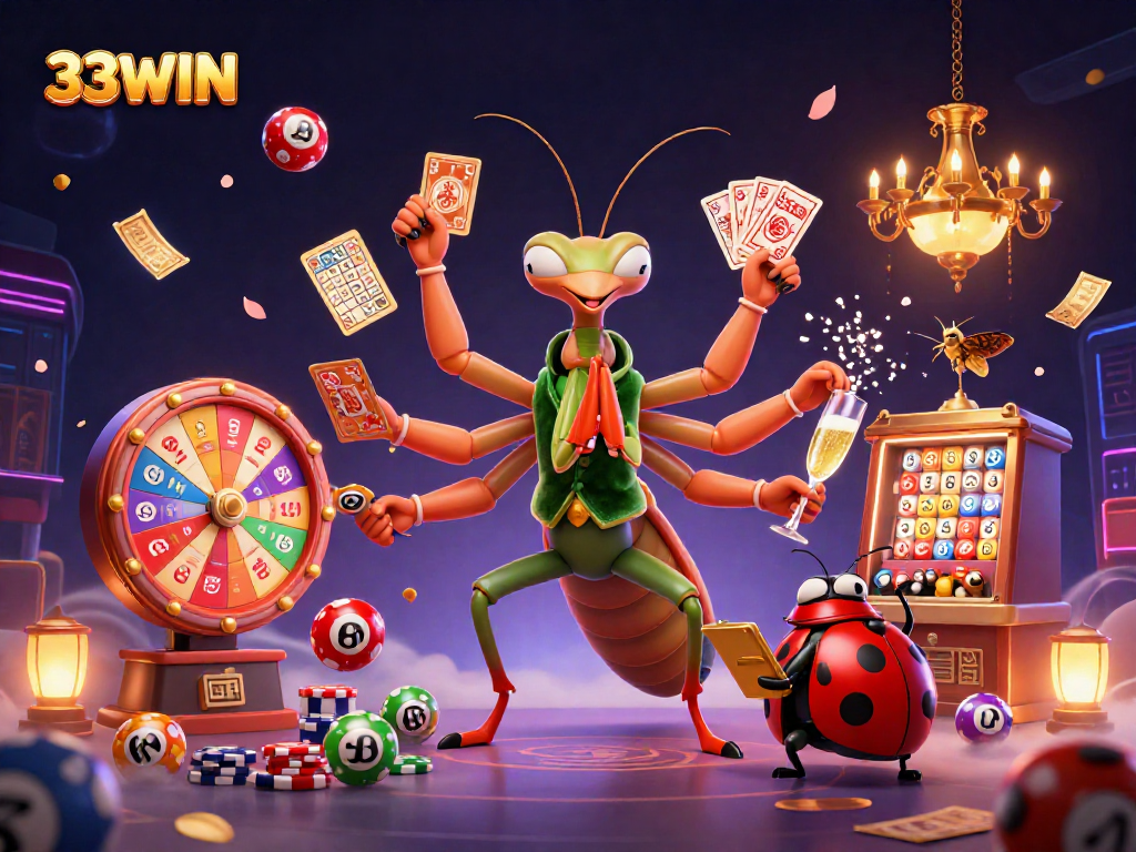 Experience the thrill of 33WIN with vibrant lottery balls and exciting game elements in this dynamic casino scene.