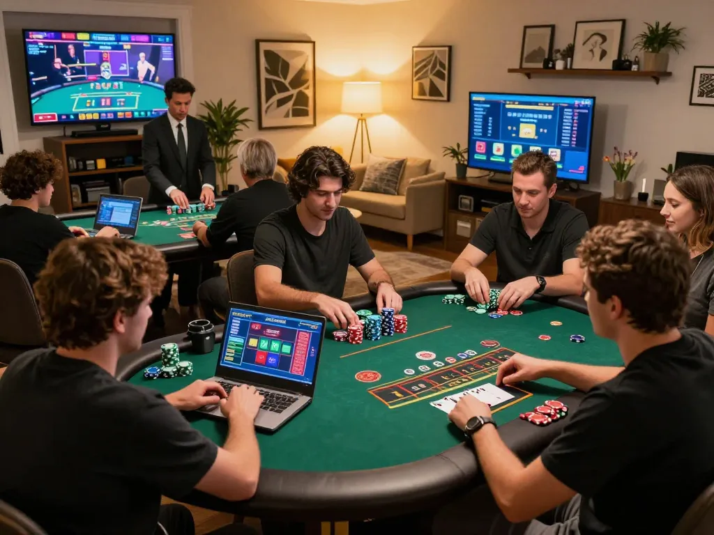 Players engaging in thrilling online gambling at home with Sunwin, showcasing live dealer games and strategic gameplay.