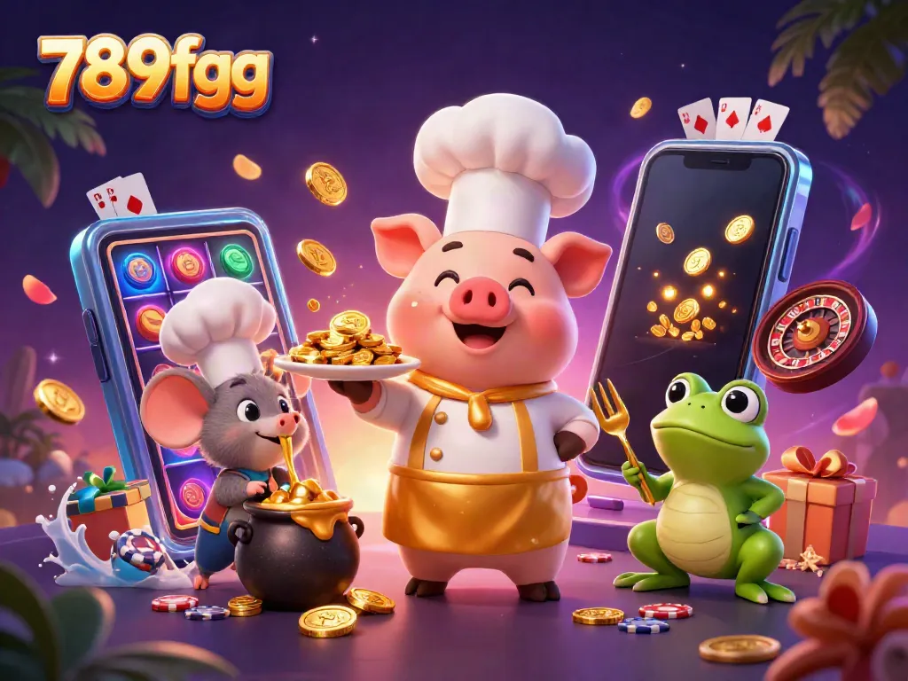 Engaging scene of 789f gg with chef pig, tasting sous-chef mouse, and critic frog amid gold coins and gaming elements