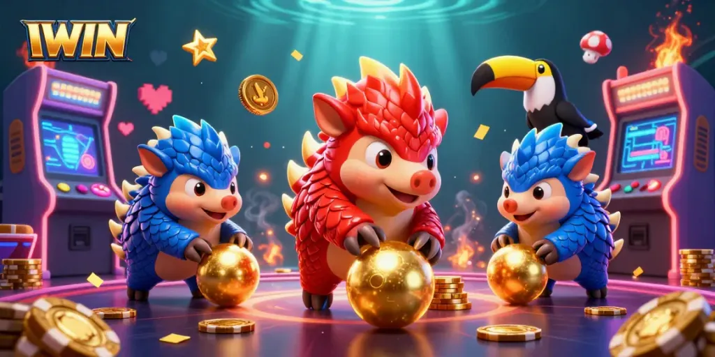 IWIN pangolins roll golden balls and poker chips in vibrant casino-like scene, showcasing gaming action