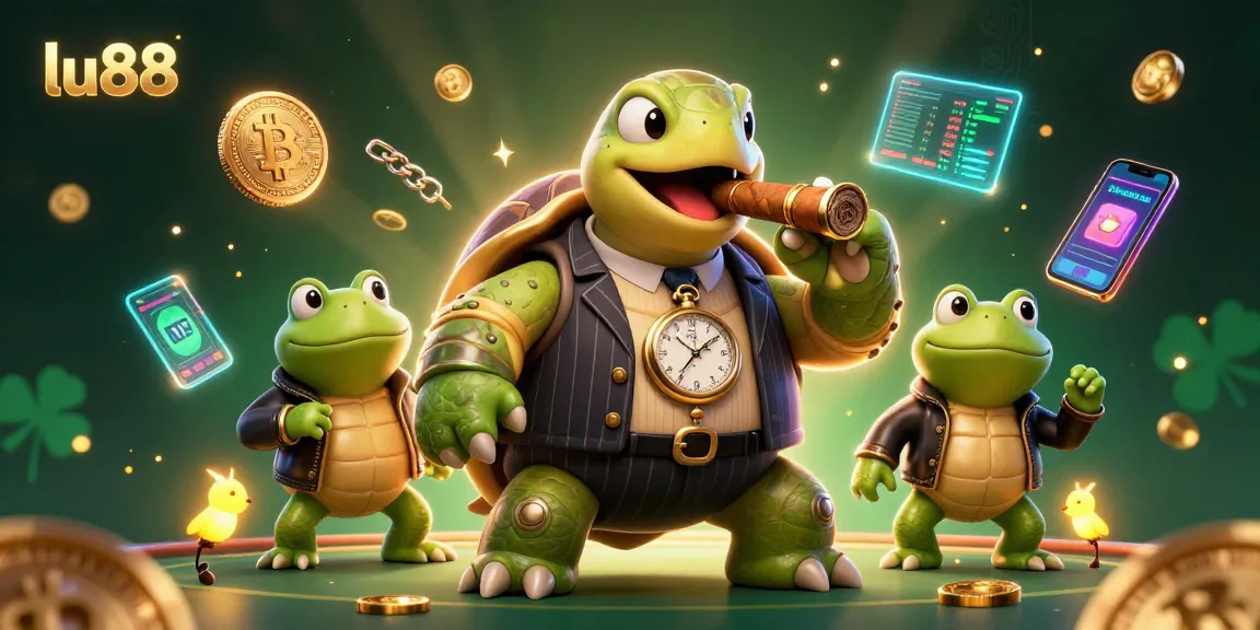 Casino scene featuring lu88 with a snapping turtle mobster and bullfrog enforcers surrounded by crypto elements.
