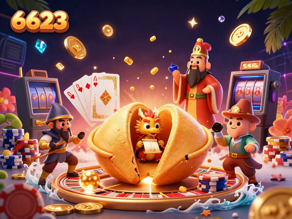 Experience thrilling excitement at 6623 with a dynamic 3D casino scene showcasing colorful gaming elements.