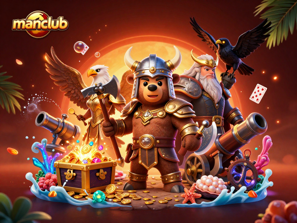 Engage in the vibrant manclub gaming experience with a Viking bear and Valkyrie amidst dynamic casino elements.