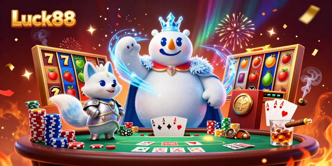 Experience Luck888 with an exciting scene featuring a 3D cartoon ice king polar bear and snow fox, enriched with dynamic casino elements.