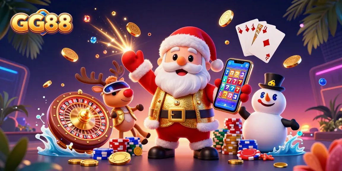 Experience the excitement of GG88 with Santa and friends celebrating jackpots amidst dynamic casino elements.