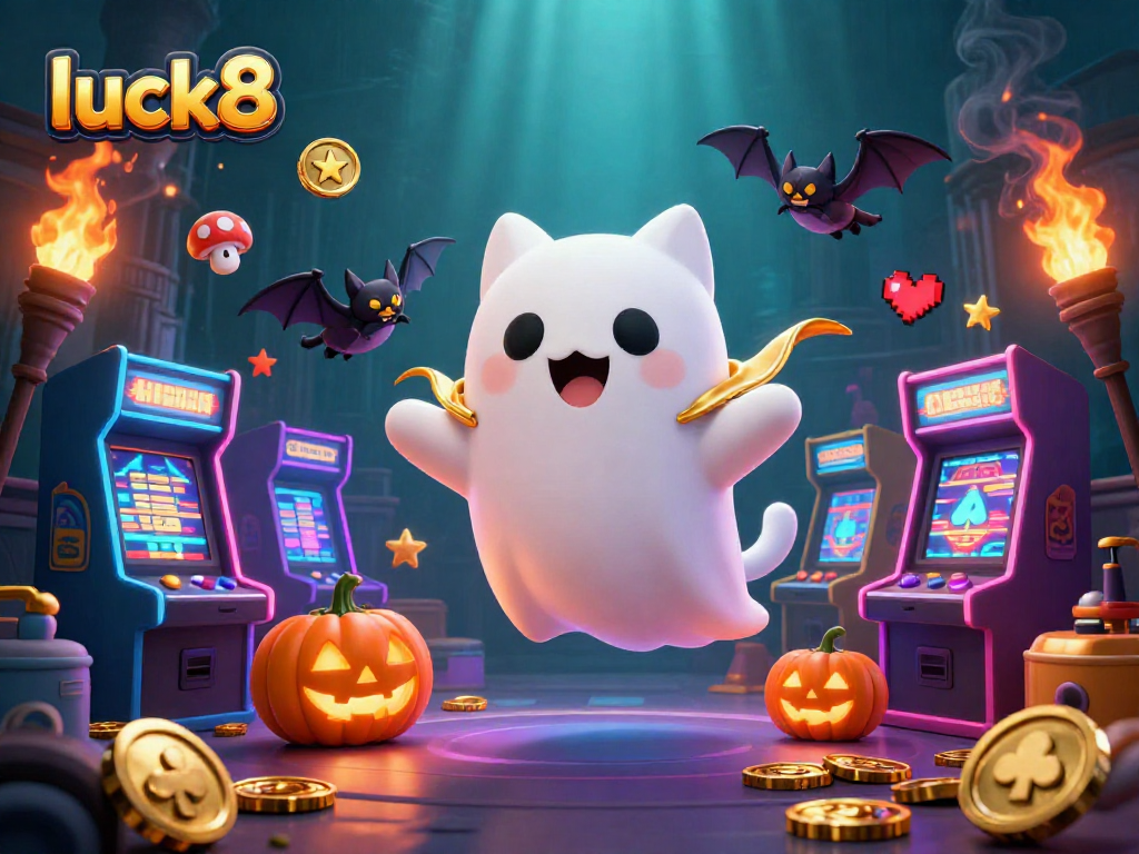 Engage with luck8 in this haunted casino adventure featuring a ghost cat and vampire bat.