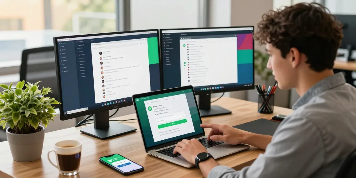 Dynamic workspace showcasing WhatsApp網頁版 features on multiple screens in a modern office environment.