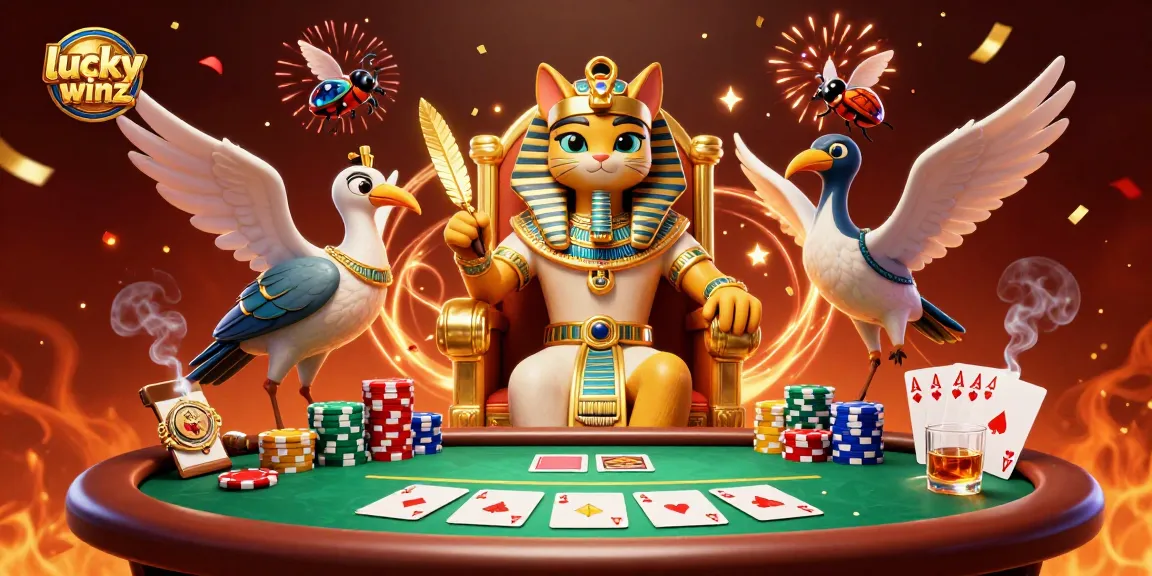 Experience thrilling gaming at luckywinz with Egyptian pharaoh cat and vibrant poker elements.