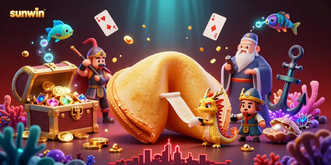 Experience winning at sunwin with a vibrant 3D casino scene featuring lucky symbols and energetic characters.