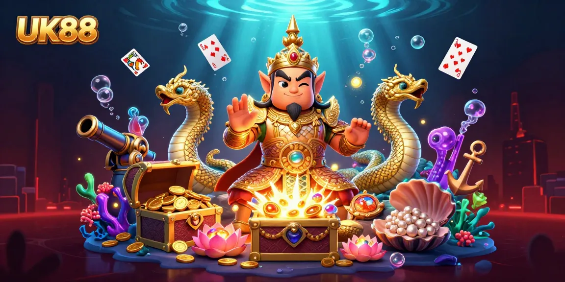 UK88 gaming excitement featuring a 3D guardian and treasure in a vibrant casino scene