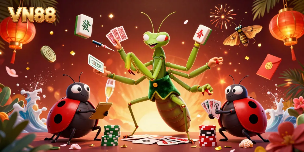 Engaging VN88 casino scene featuring a giant mantis and ladybug surrounded by colorful gaming elements.