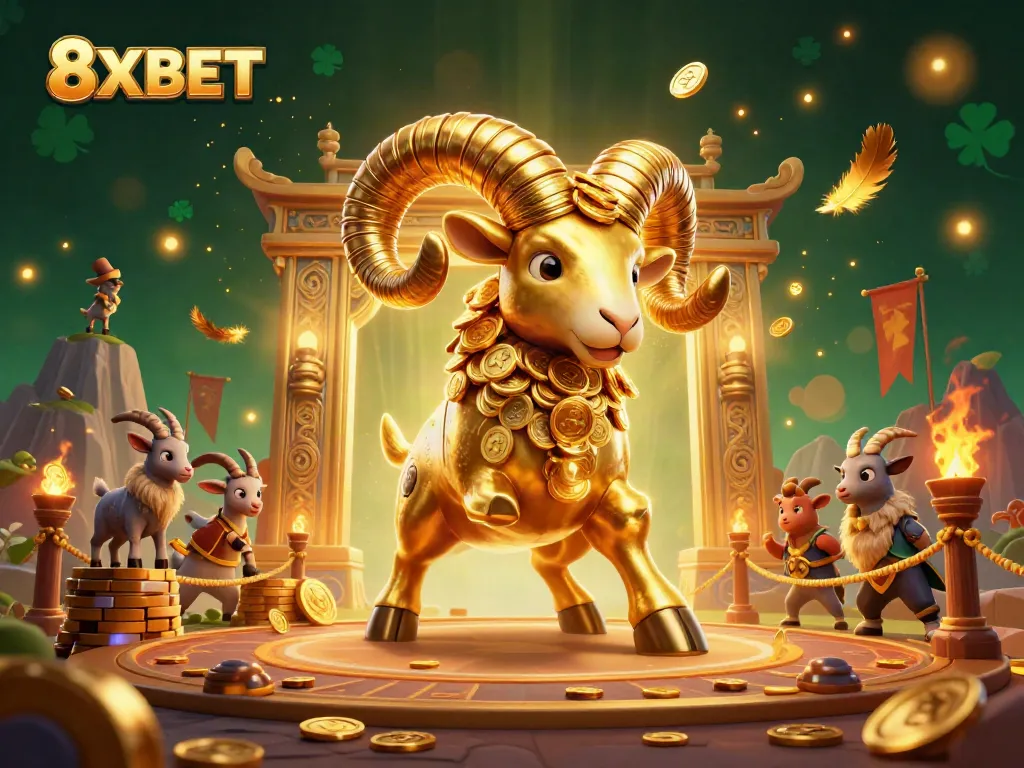 Experience thrilling gameplay at 8XBET with a mighty golden ram and festive casino elements.