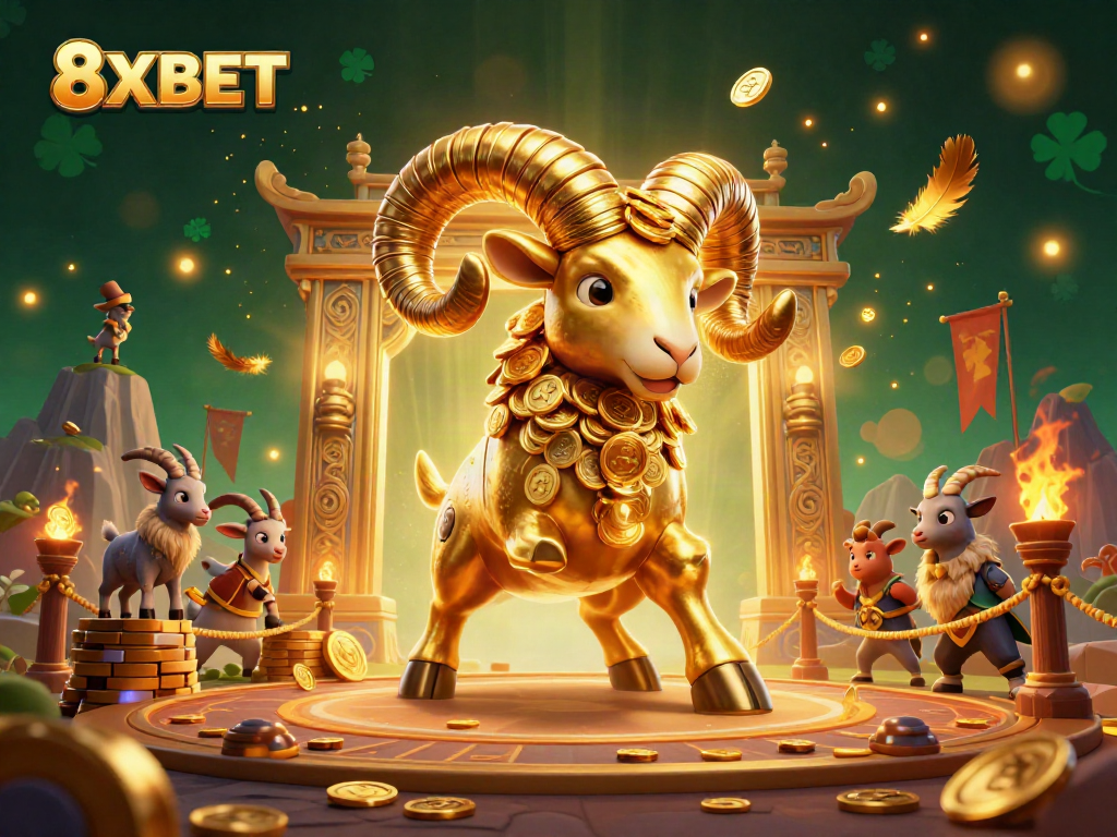 Experience thrilling gameplay at 8XBET with a mighty golden ram and festive casino elements.