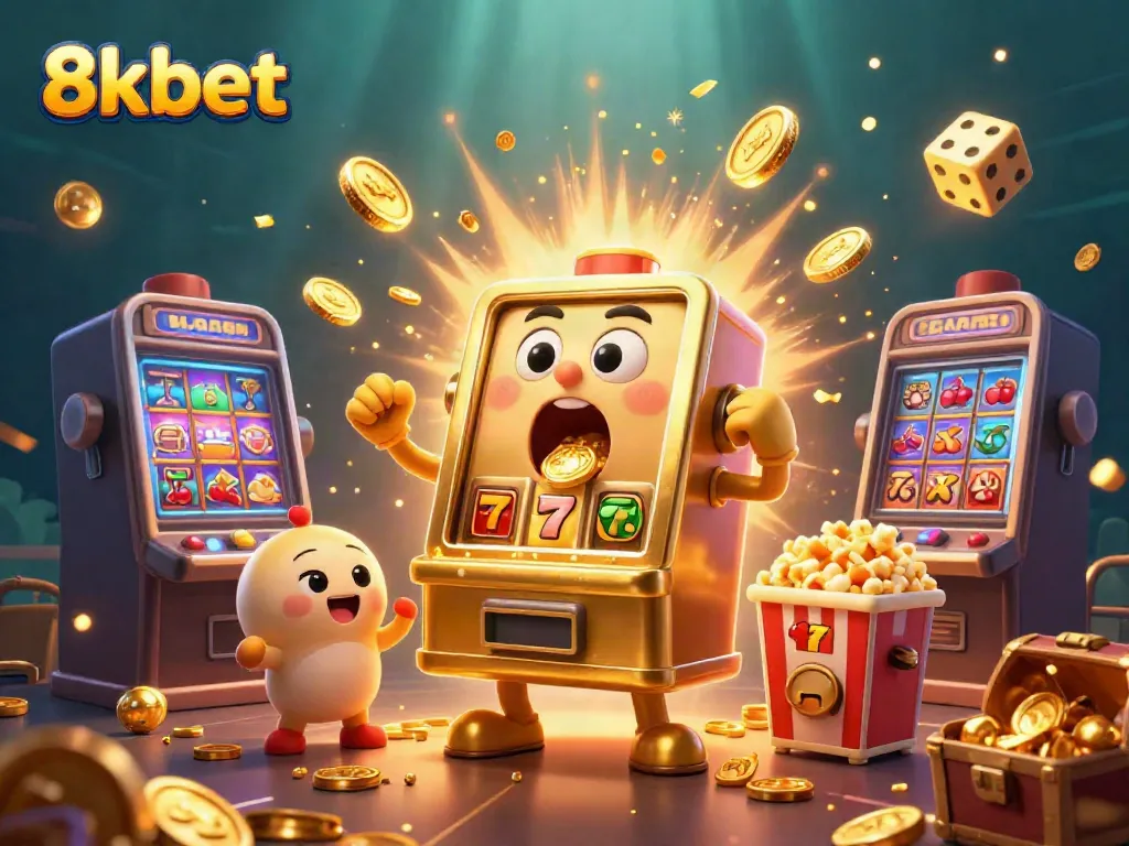 Experience the excitement of 8kbet as a golden slot machine hits the jackpot surrounded by cheering baby slot machines and fun effects.