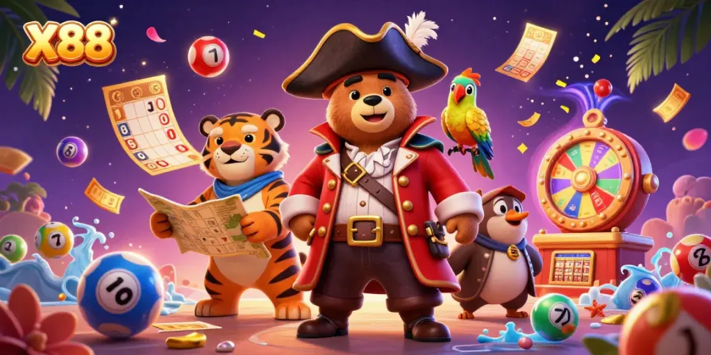 X88 captures the thrill of gaming with a pirate bear, tiger, and vibrant lottery elements amidst a dynamic casino setting.