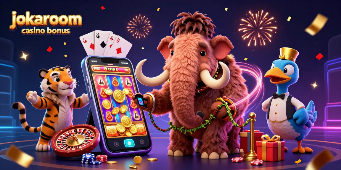 Engaging jokaroom casino bonus scene with mammoth bouncer and VIP tiger in energetic casino atmosphere.