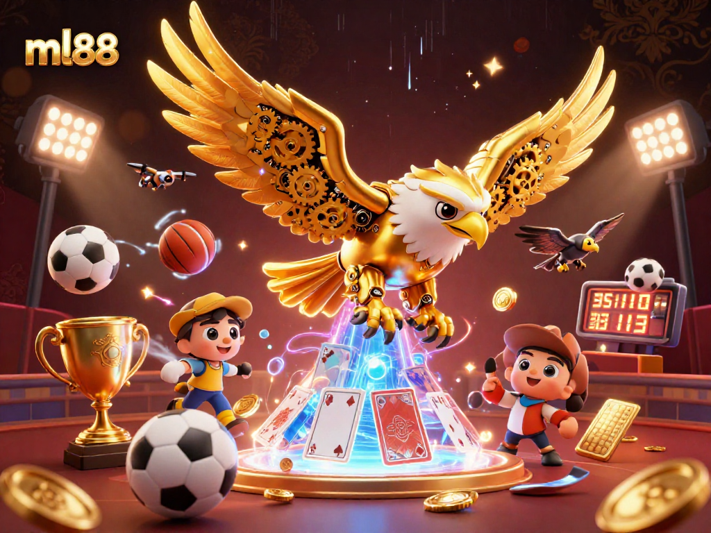 Experience the thrill of ml88 as a cybernetic eagle dives through holographic games with sports elements.