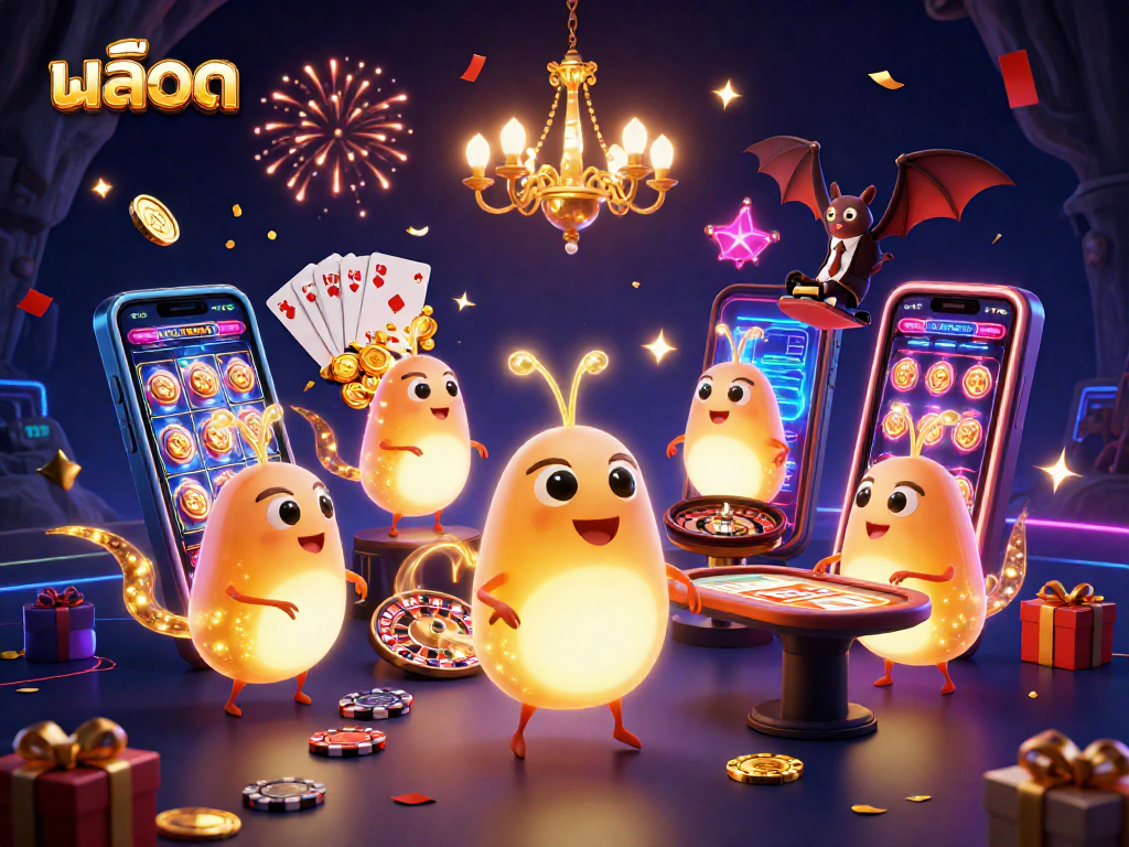 Experience สล็อต excitement as glowworms illuminate a vibrant casino scene filled with spinning reels and golden rewards.