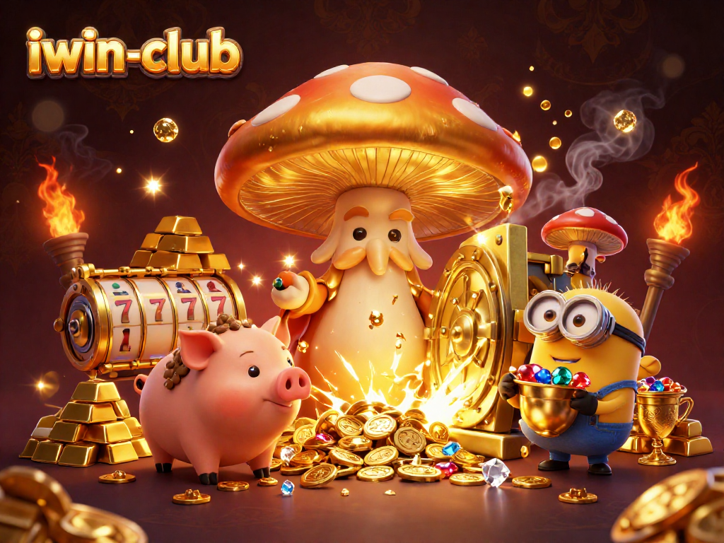 Experience the magic of iwin-club with a vibrant 3D casino-themed illustration featuring treasure and slot elements.
