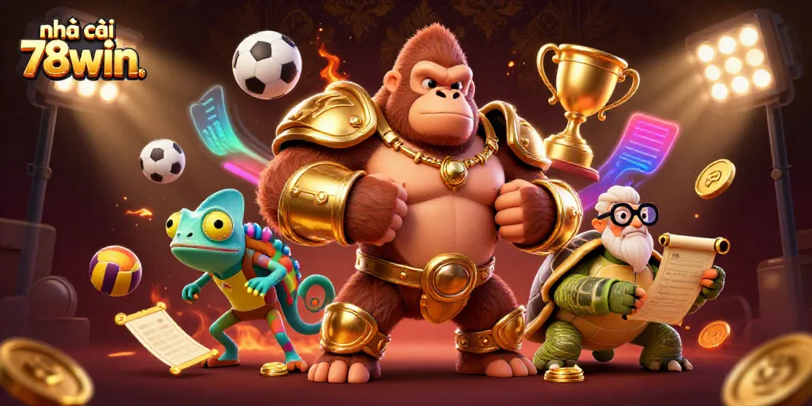 Engage with the excitement of nhà cái 78win. featuring a gorilla king in golden armor and dynamic sports elements.