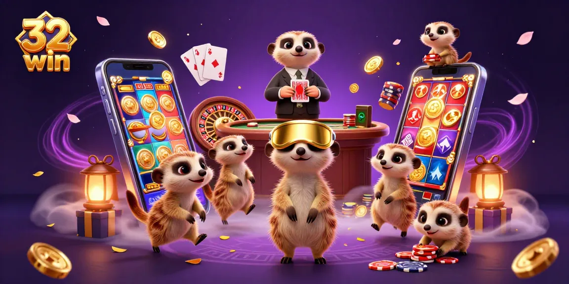 Experience 32win's amazing casino world with meerkats amidst vibrant games and golden rewards.