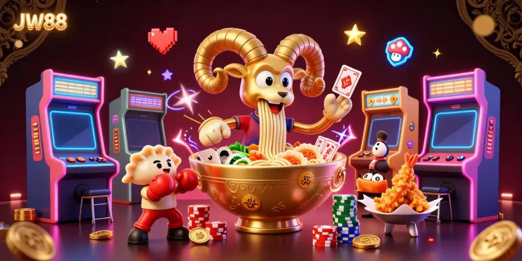 Experience thrilling casino action with JW88, featuring a vibrant scene of a ramen bowl dealer amidst colorful arcade games and cheering tempura shrimp.