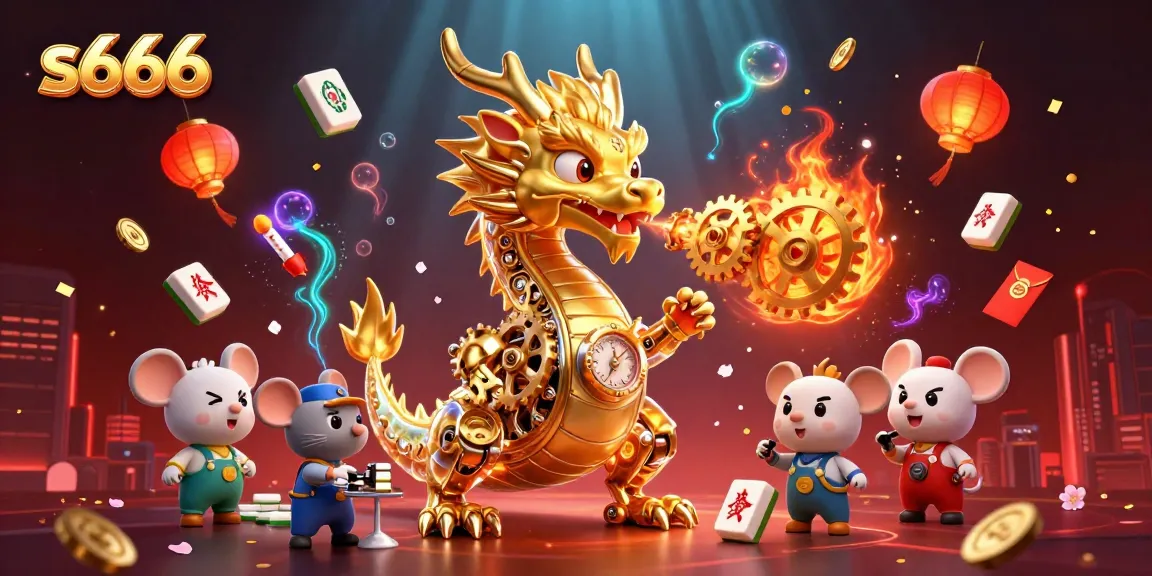 S666 showcases vibrant golden elements in a thrilling casino scene with a dragon and mouse engineer.