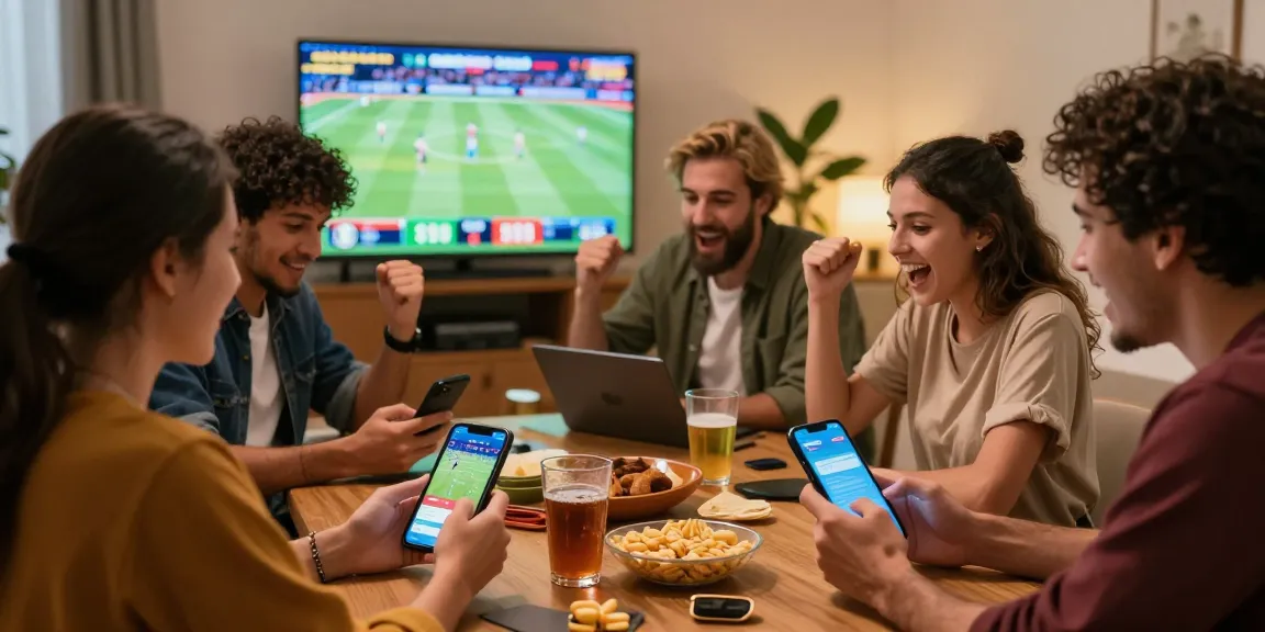 Friends engaging with the Melbet Paraguay app during a live sports event in a cozy setting.