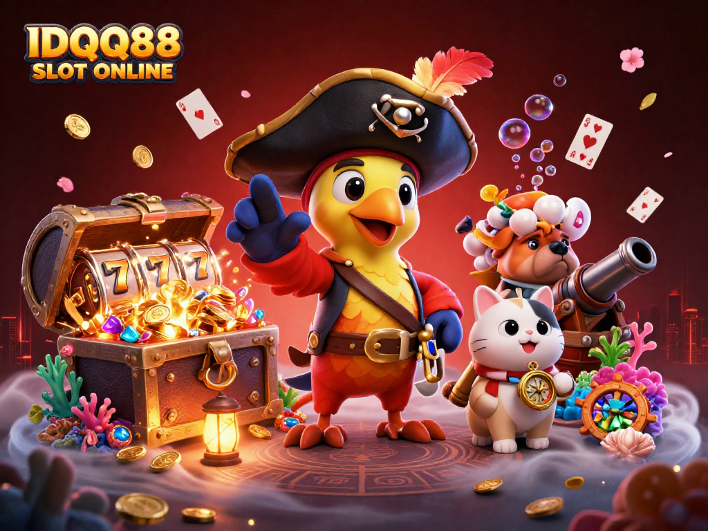Spin and win with IDQQ88 SLOT ONLINE as the pirate captain guides through treasure-filled slots!