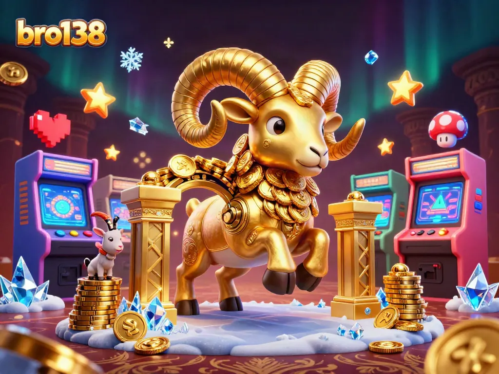 Bro138 ignites excitement with a golden ram charging through a vibrant arcade-style casino.