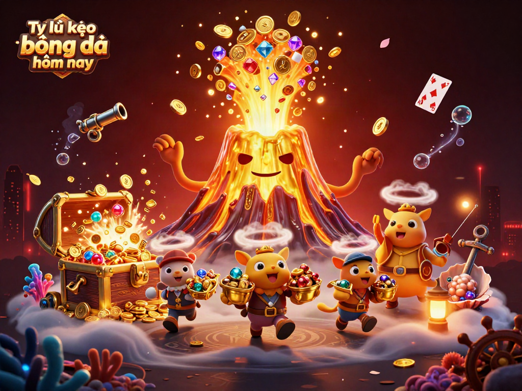 Tỷ lệ kèo bóng đá hôm nay with a 3D volcano and treasure in a vibrant casino-themed scene