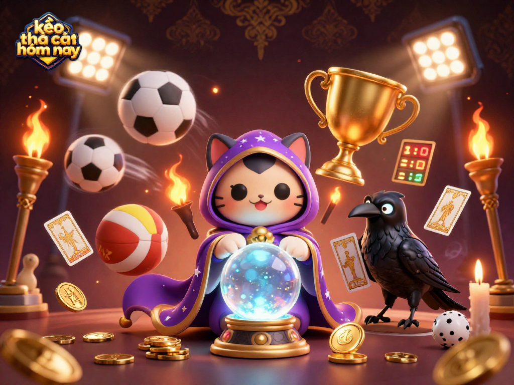 Experience the excitement of kèo nhà cái hôm nay with dynamic sports elements, illuminated characters, and glowing trophies!