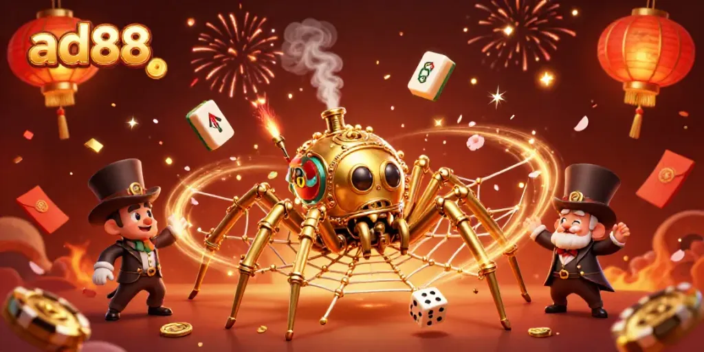 Engage with ad88's thrilling casino scene featuring a golden spider and Victorian fly amidst festive gambling elements.