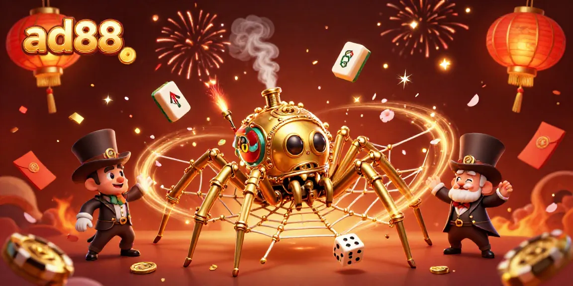 Engage with ad88's thrilling casino scene featuring a golden spider and Victorian fly amidst festive gambling elements.