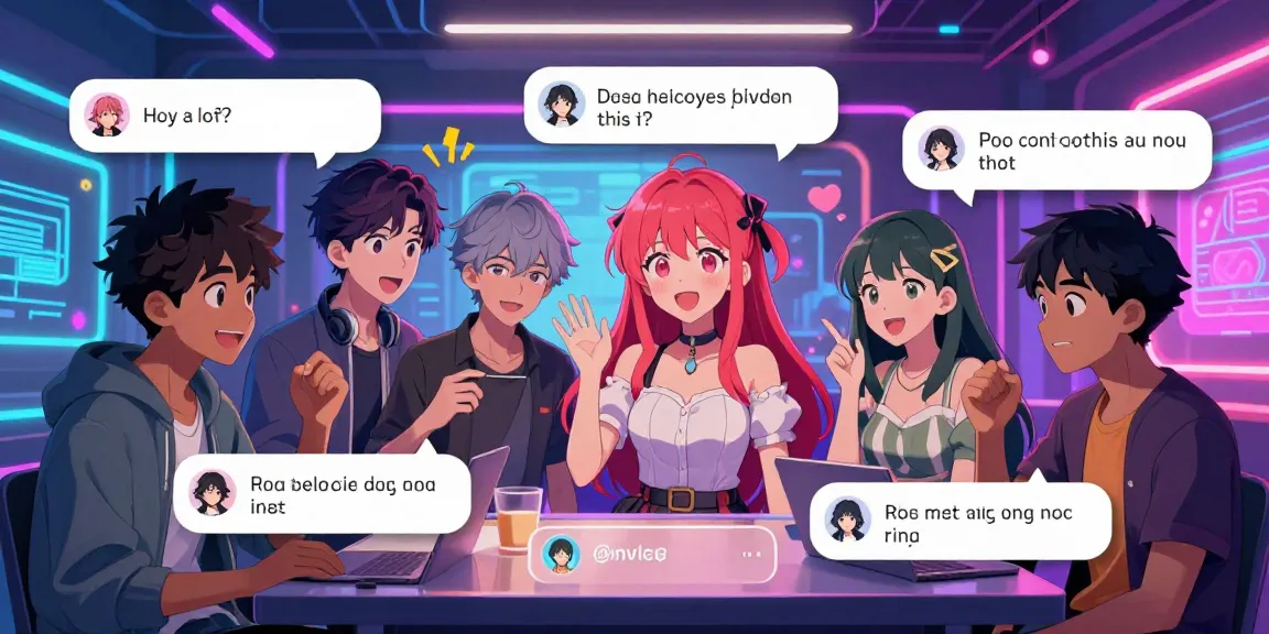 Engaging ai ecchi chat room with diverse anime characters interacting playfully