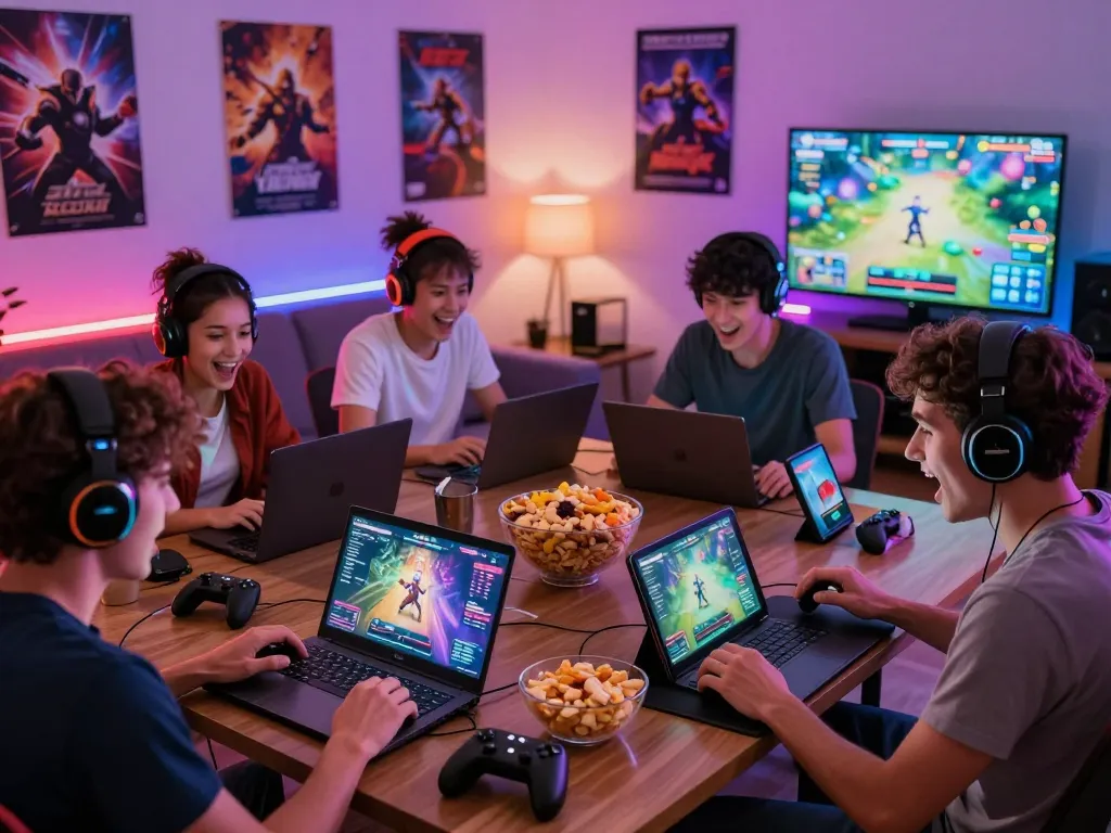 Engaged gamers playing html porn games on various devices in a vibrant, cozy gaming room.