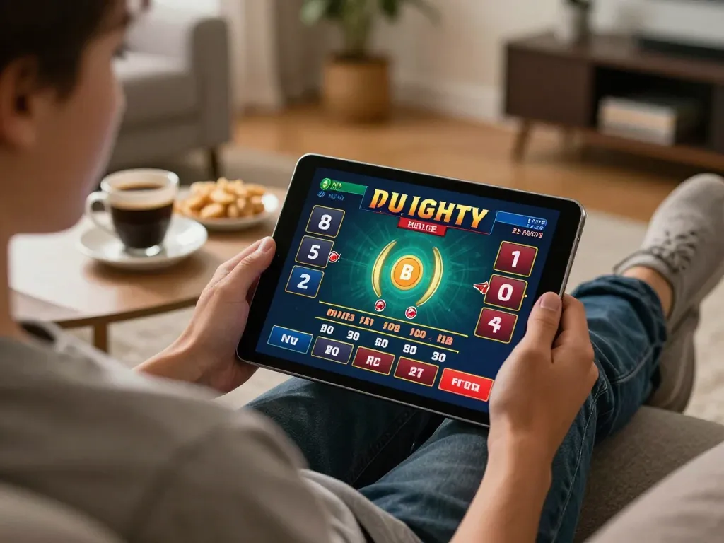Player enjoying mobile blackjack on tablet for 98win98 in a cozy home environment.