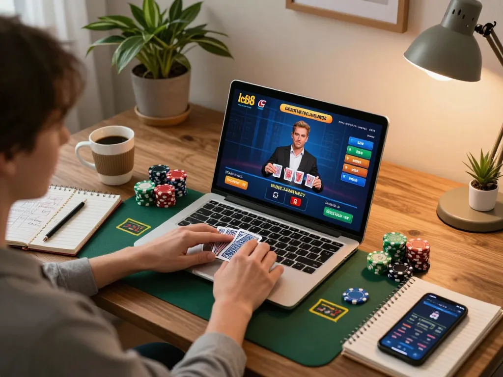 Engaging live blackjack gameplay using lc88 on a laptop, highlighting strategic betting elements and a cozy setting.