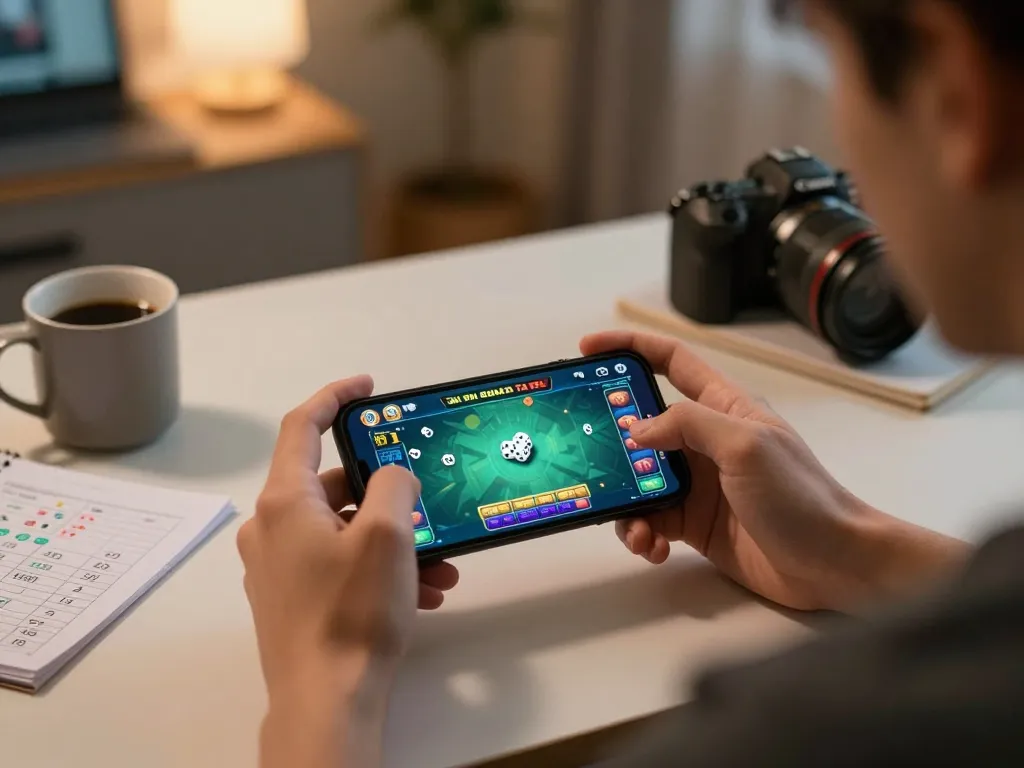 Player enjoying a game tài xỉu online, engaging with the app in a cozy home setting.