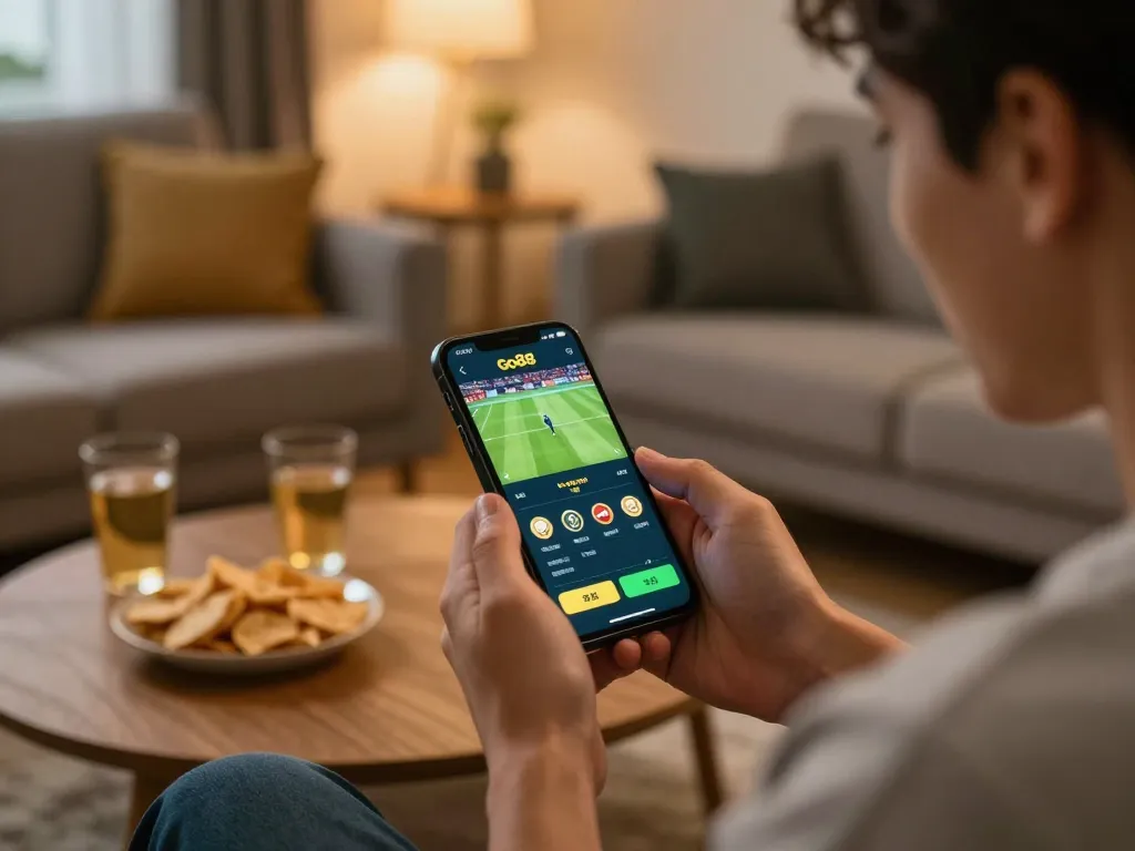Engaged player celebrating a bet win on Go88 mobile app during a live sports event.