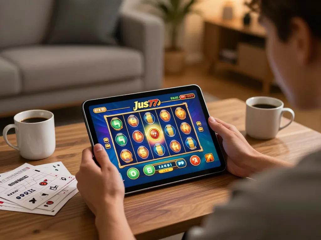Engaging in jus77 online slot gaming with a tablet in a cozy home setting