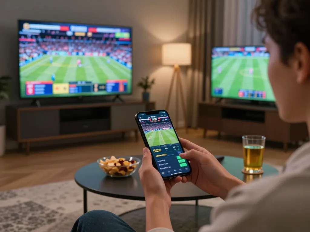 Exciting moment of sports betting on a mobile app by mm88star in a cozy home setting, showcasing live odds