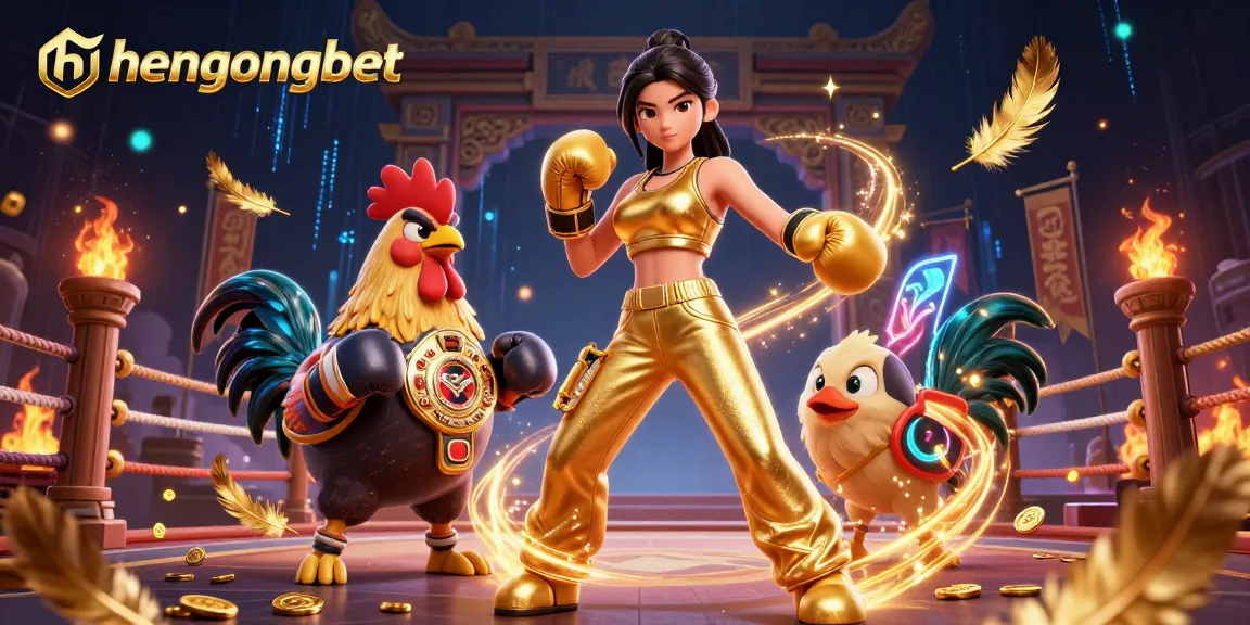 Join hengongbet's fierce showdown with a champion rooster and powerful woman in a vibrant casino setting.