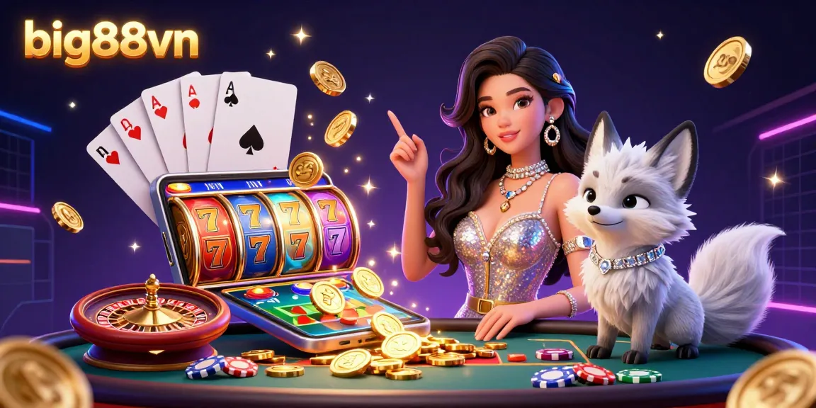 Experience big88vn thrill with a glamorous casino scene showcasing colorful slot games and sparkling elements.