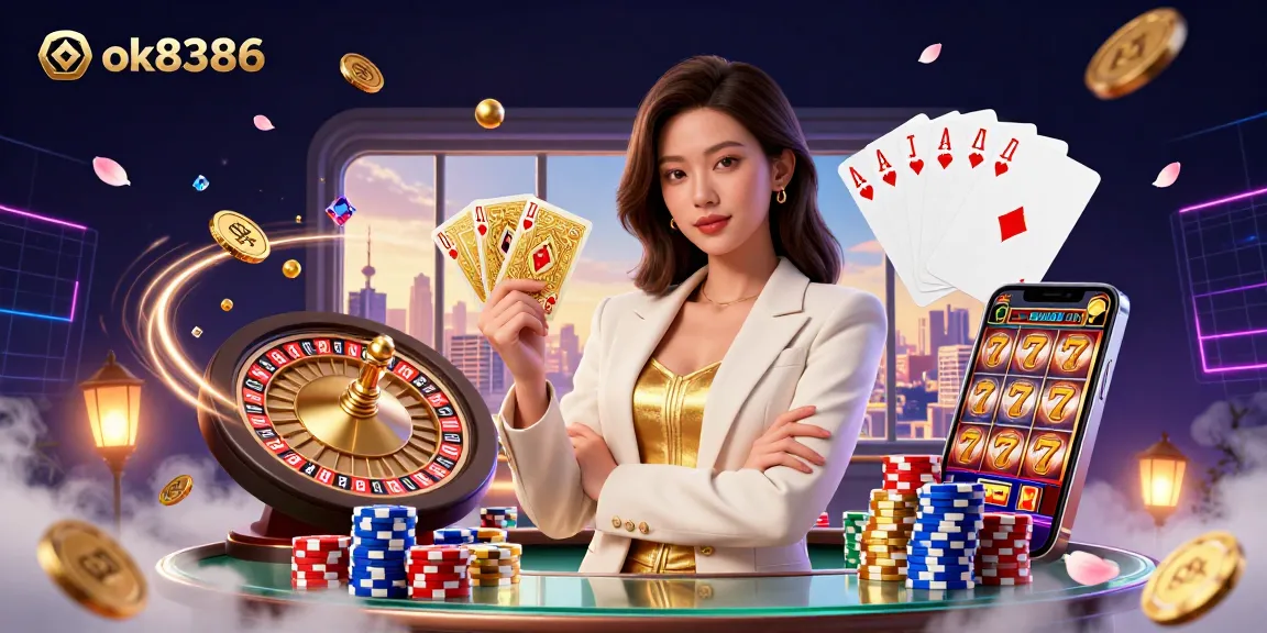 Experience the thrill at ok8386 casino with vibrant games, golden cards, and festive casino elements.