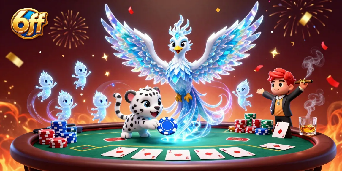 Engage with the vibrant action of 6ff as colorful poker chips and cards fly around a dazzling scene.